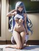 A naked anime girl with long blue hair sitting on a bed.