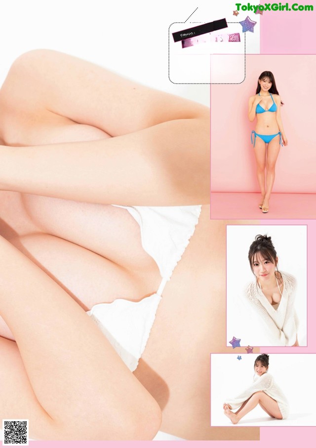A woman in a white bikini sitting on a pink surface.