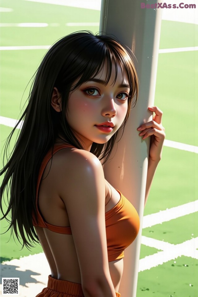 A woman in an orange bikini leaning against a pole.